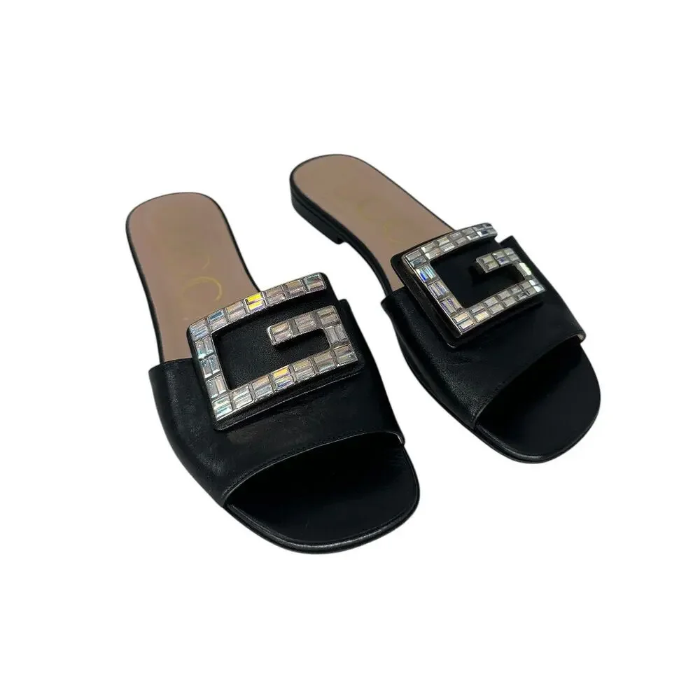 Gucci Leather Madelyn Crystal G Logo Slide Flats Sandals Black Size 36.5